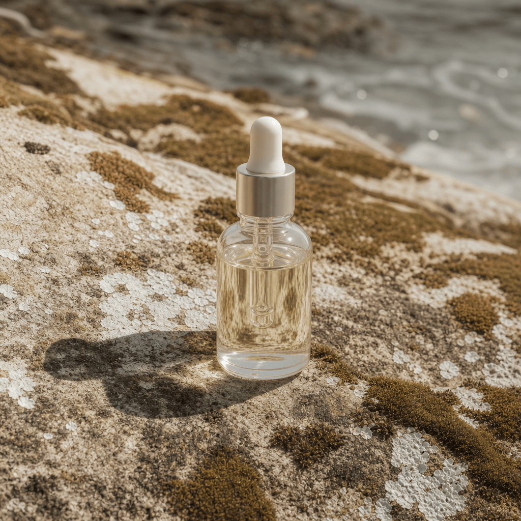 Small glass dropper serum bottle on a mossy sun-bleached coastal stone, bright natural afternoon light, soft organic sha