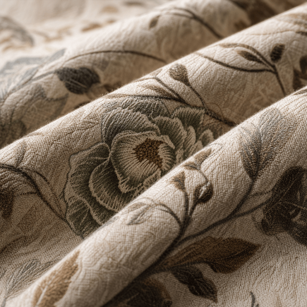 Close-up of fabric texture showing pattern detail, material quality emphasis, professional product lighting, shallow dep