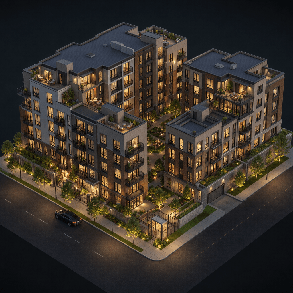 Isometric rendering of a multi-family residential complex with detailed façade elements. Warm evening lighting simulatio