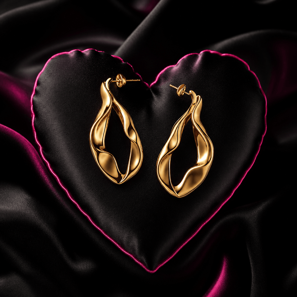A pair of sculptural gold earrings arranged on a black silk heart-shaped pillow, hot pink accent light tracing the fabri