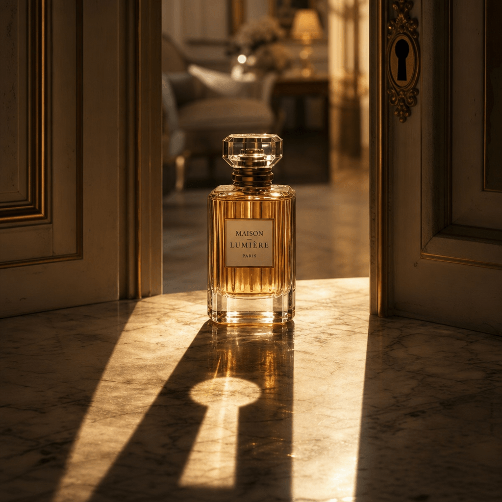 Perfume bottle positioned in elegant interior doorway with keyhole shadow cast dramatically across marble surface, warm 