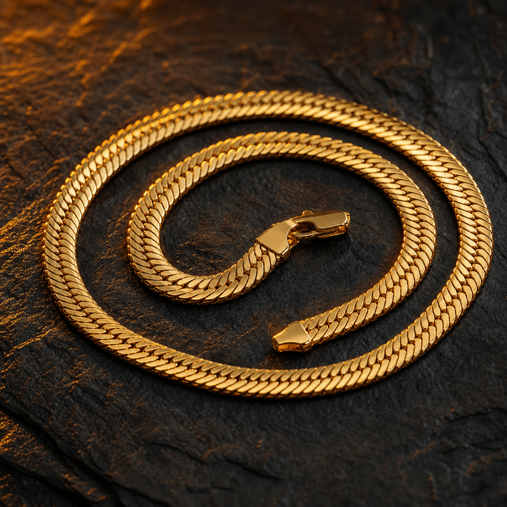 Gold herringbone chain necklace coiled on dark slate surface, warm amber rim lighting catching each individual link with