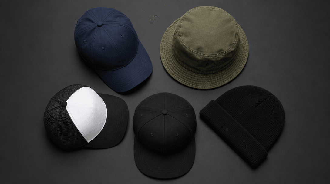 Top-down flat lay of five different cap styles — a baseball cap, a bucket hat, a beanie, a trucker hat, and a fitted sna