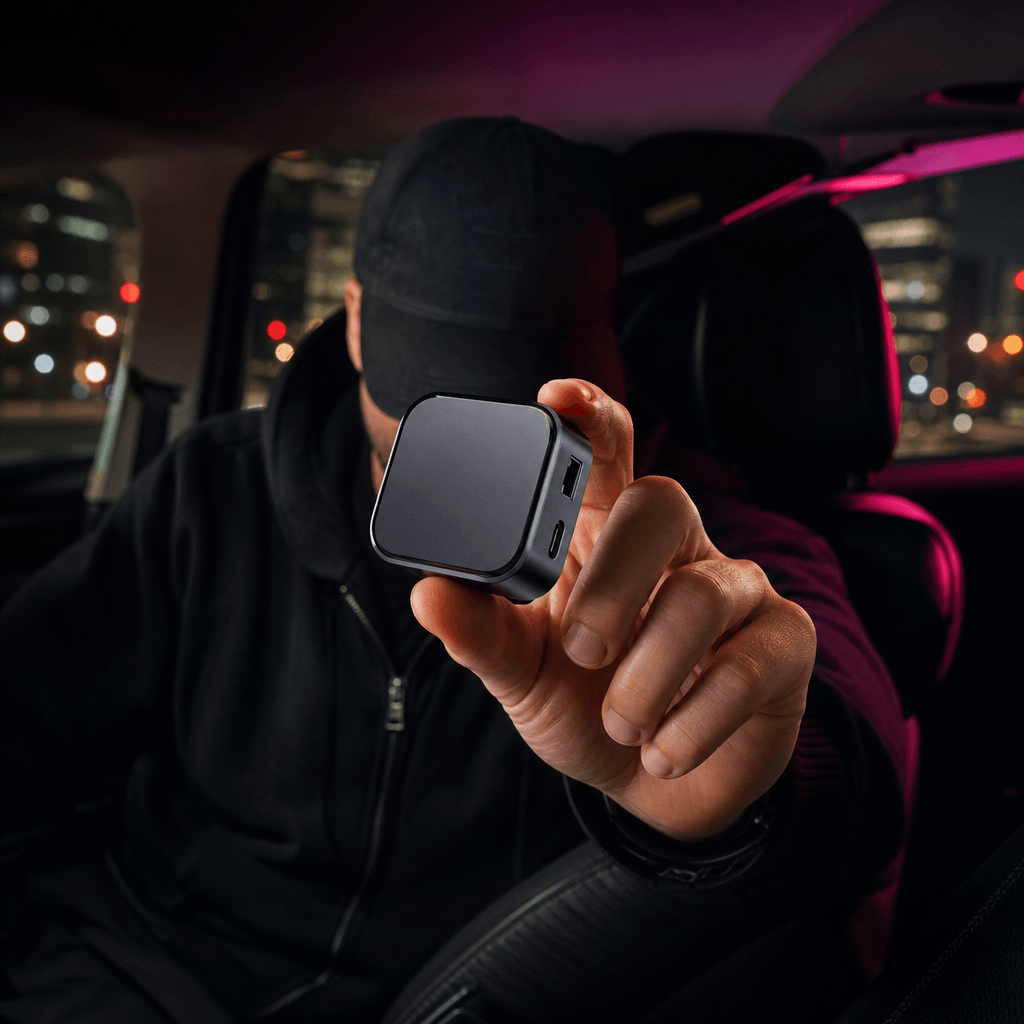 Square nighttime car talk campaign scene featuring an anonymous creator presenting a compact unbranded electronics acces