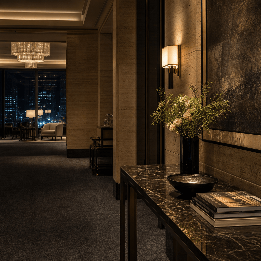 An upscale hotel suite lobby at night. Warm wall sconces illuminate travertine panels. A marble-topped console reflects 