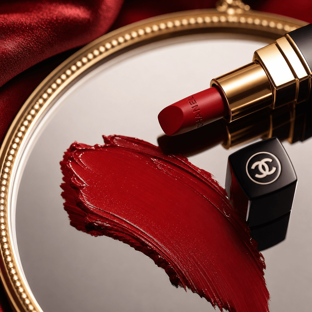 Red lipstick shade swatch on mirror surface with dramatic lighting, luxury beauty product styling, professional shot.