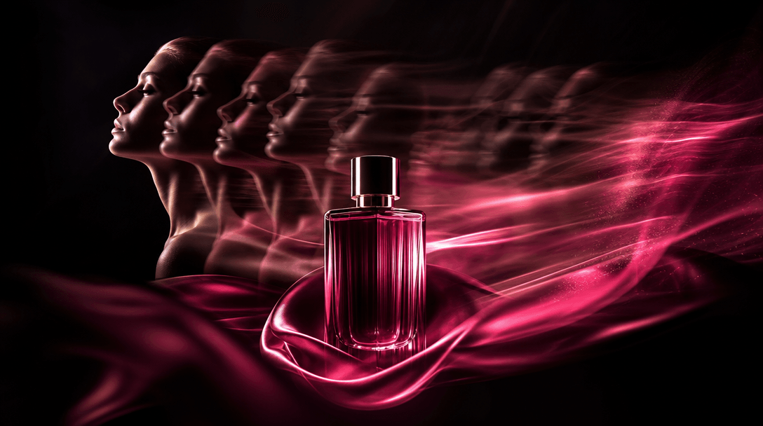 A static beauty packshot transforming visually into flowing motion through repeated silhouettes, directional light trail
