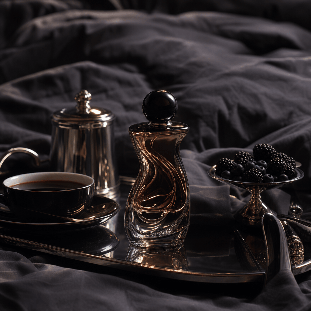 A sculptural perfume bottle presented as the centerpiece of an elegant breakfast tray, rumpled charcoal bedding, black c