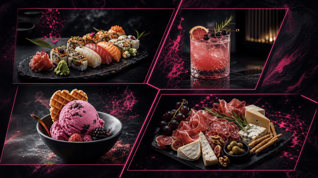 Wide abstract editorial composition: four distinct food subjects — a sushi platter, a cocktail, a gelato scoop, a charcu