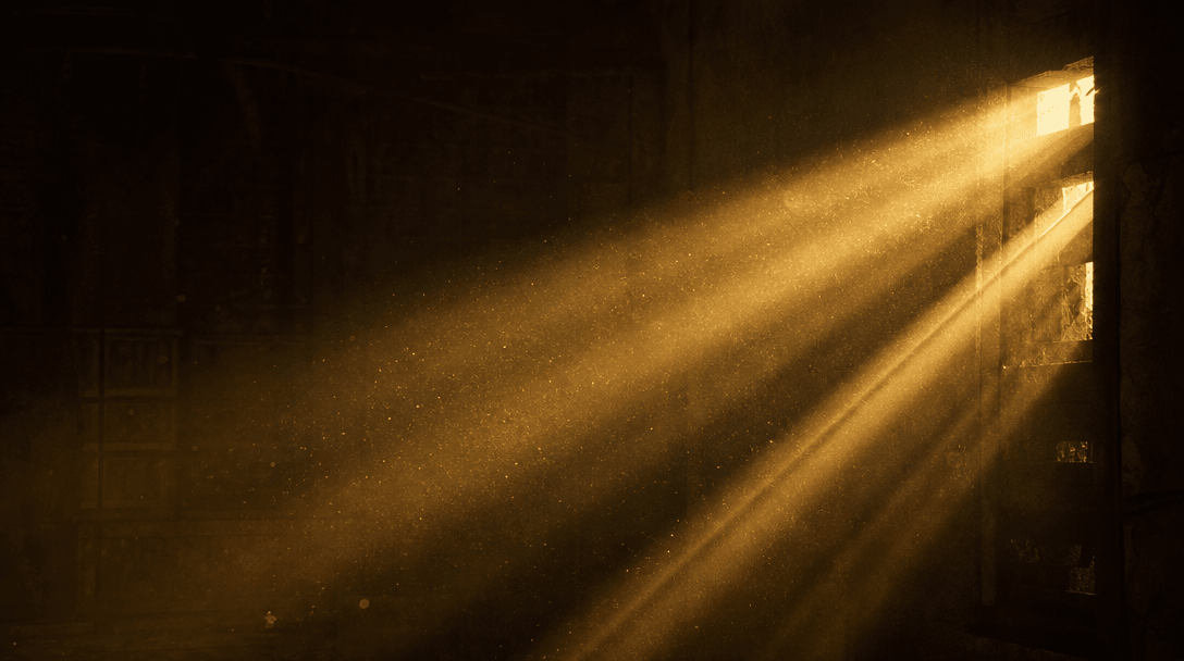 Abstract cinematic image of golden volumetric light rays breaking dramatically through a dark atmospheric interior space