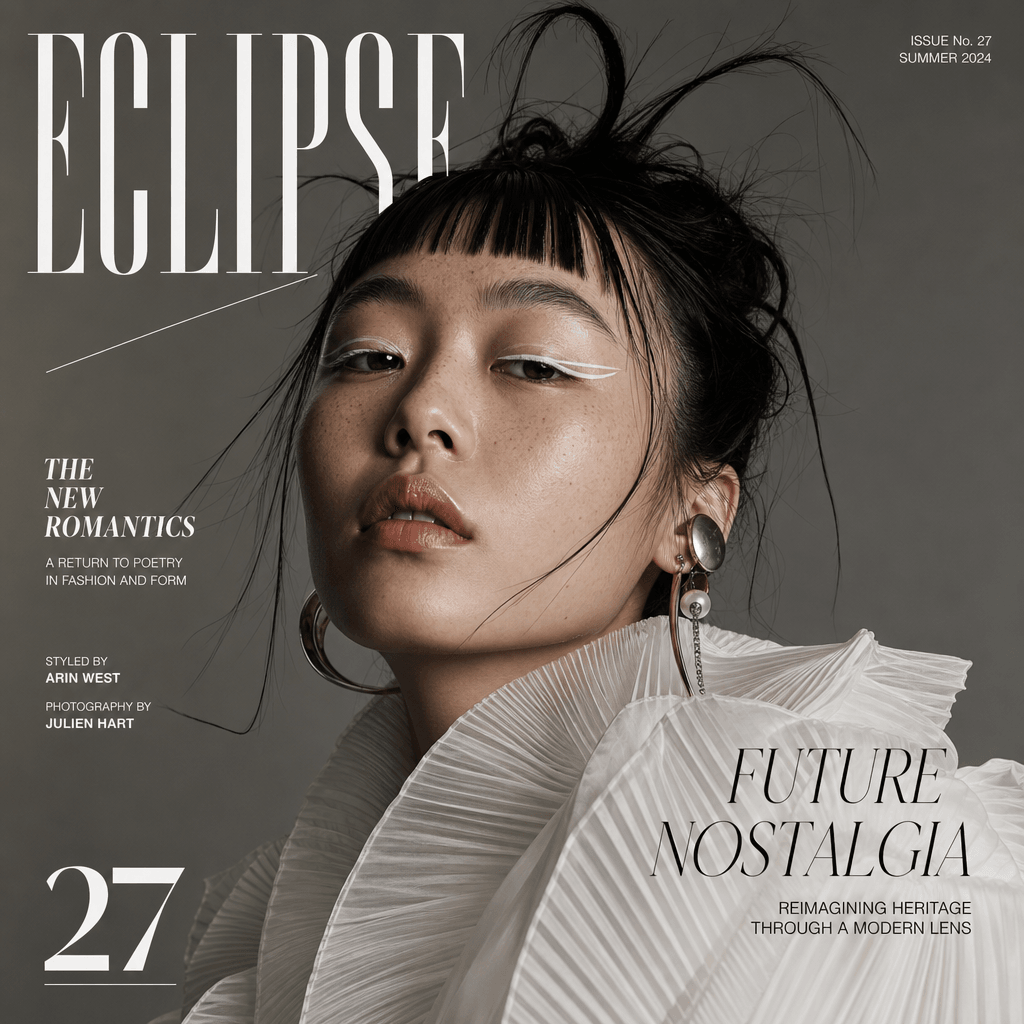 A striking portrait with avant-garde fashion and styling, captured in a studio setting that emphasizes the unique featur