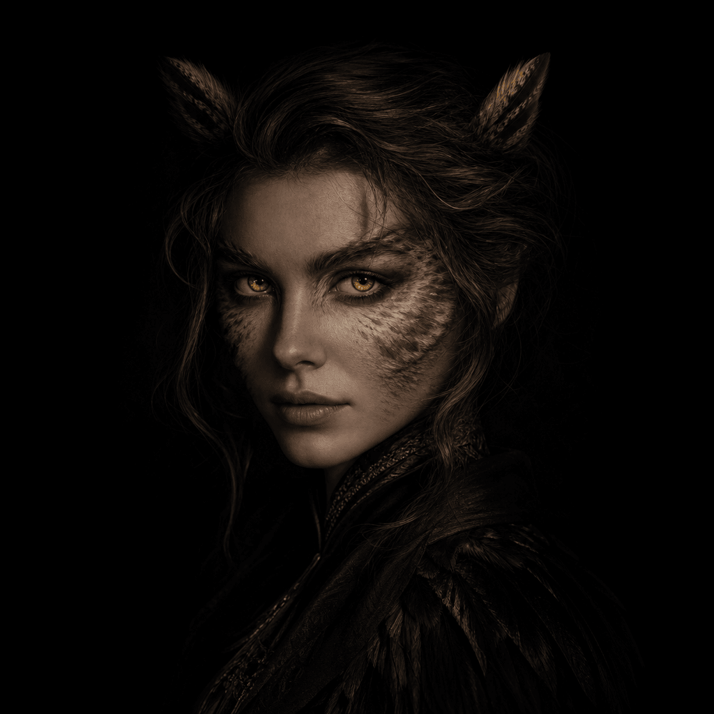 Anonymous human portrait subtly transformed with elegant owl traits, feathered cheek structure and luminous eyes, deep b