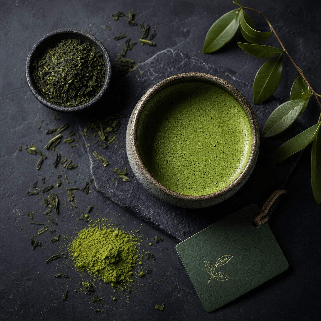 Moody lifestyle flat lay: a premium matcha drink in a ceramic cup surrounded by loose green tea leaves and a small brand