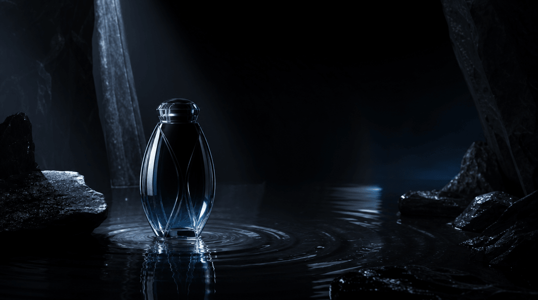 An abstract luxury campaign set where a polished glass vessel emerges from a shallow black reflecting pool, controlled r