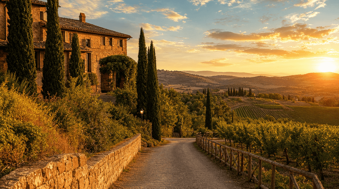 Italian Tuscan countryside landscape with warm stone villas, cypress trees, golden hour sunlight, rolling hills, Mediter