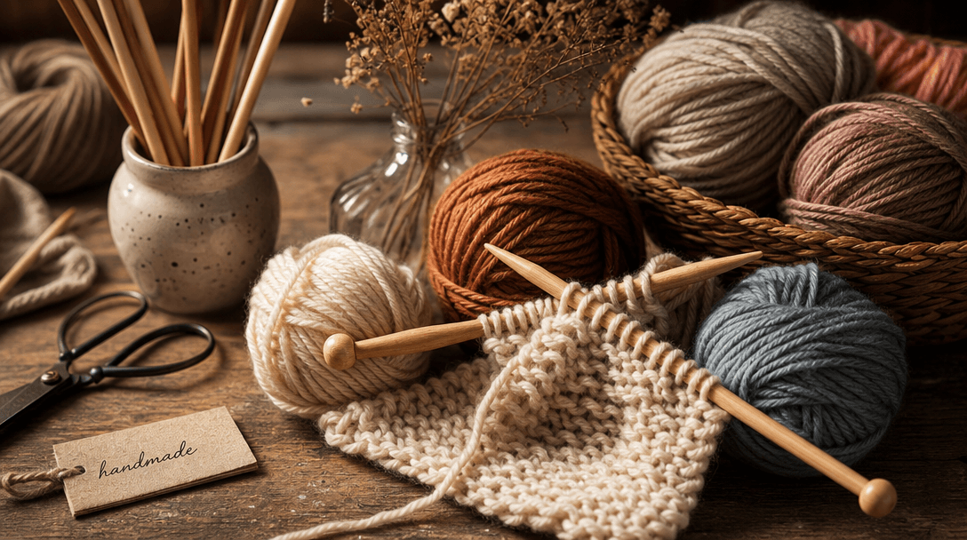 Abstract hand-craft aesthetic: yarn and knitting needles composition, artisanal materials, warm studio lighting, craft w