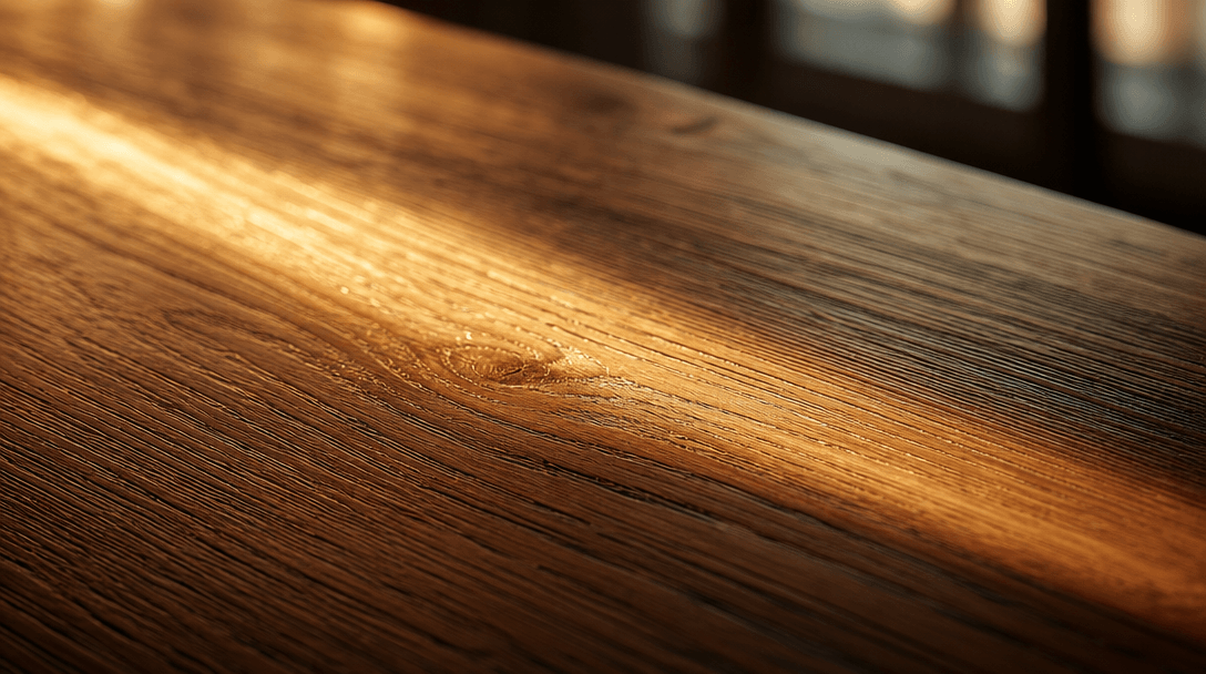 Ultra-close editorial photograph of warm afternoon sunlight playing across polished oak wood grain, golden specular high