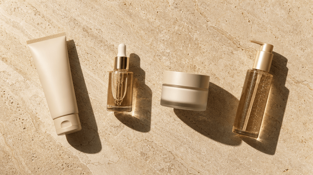 Flat-lay overhead of four different beauty products arranged across a continuous natural stone surface under consistent 