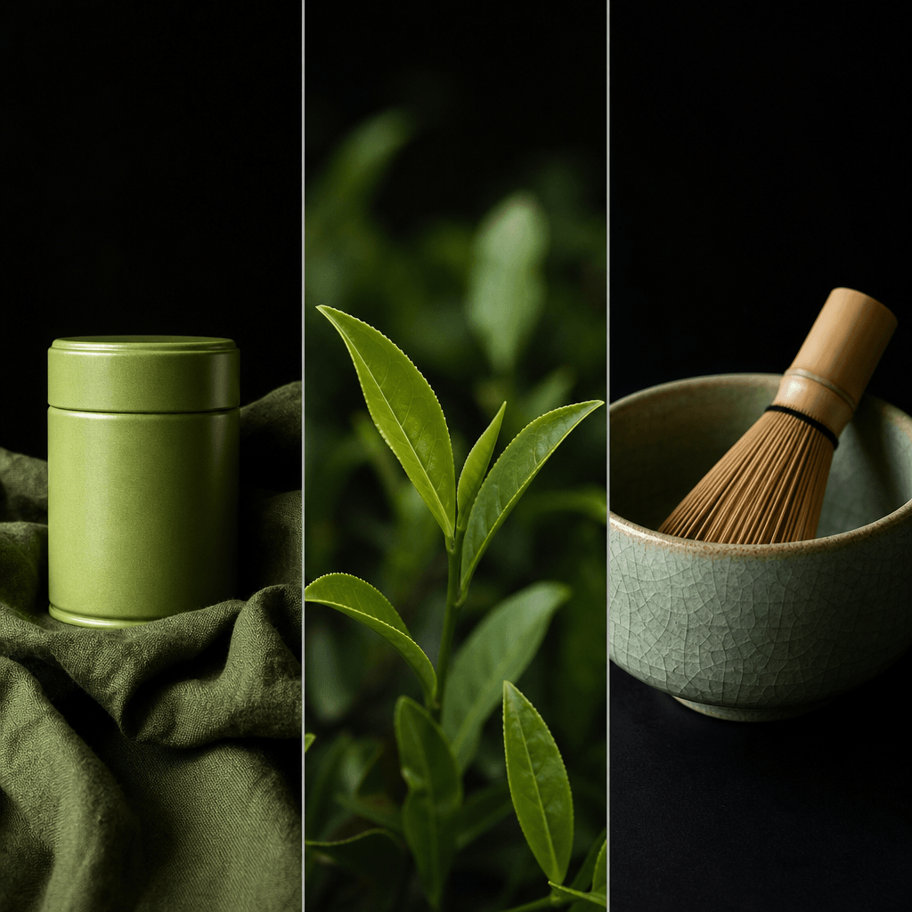 Editorial triptych of a vibrant green matcha powder tin: first panel shows the tin centered on moss-green linen fabric, 