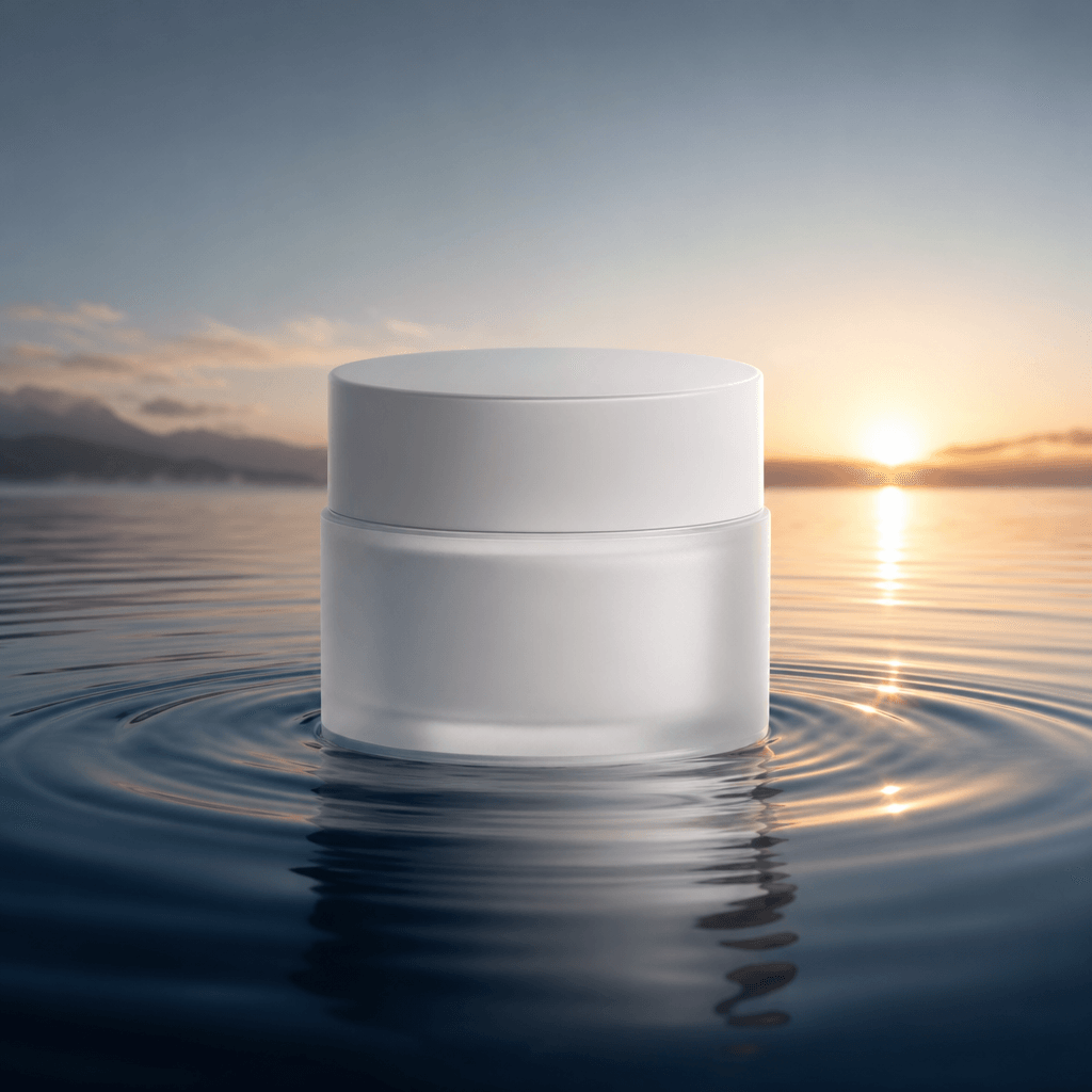 A monumental frosted skincare jar floating in calm open water at dawn, appearing like a pristine white island, gentle ri