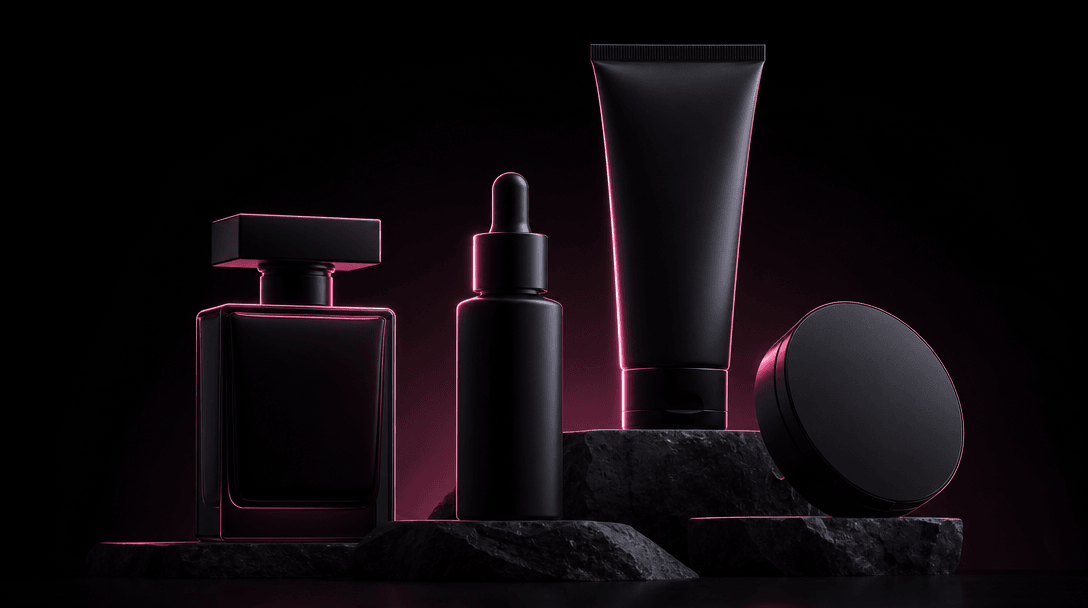 Four distinctive beauty package silhouettes arranged like modern sculptures: a perfume bottle, serum dropper, cosmetic t