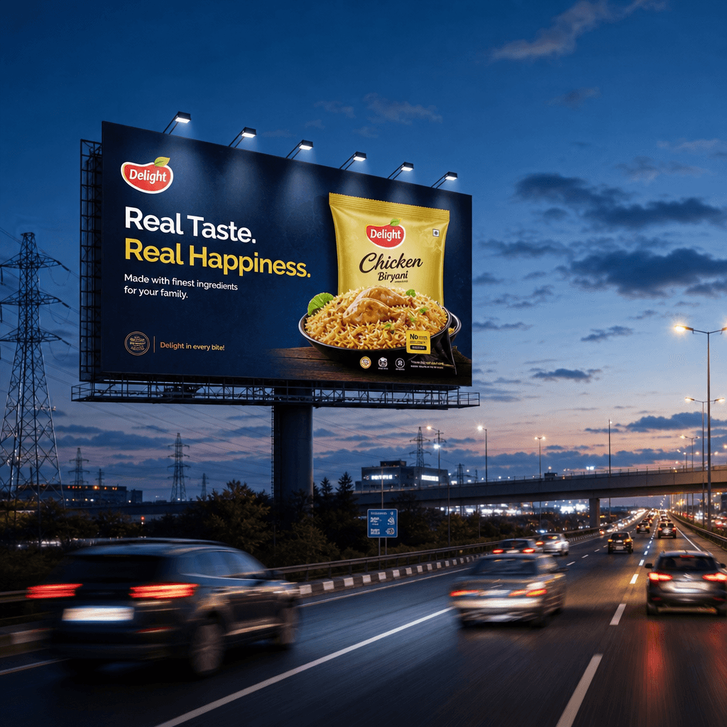 High-speed highway billboard featuring packaged food product, motion perspective showing vehicle movement, dramatic blue