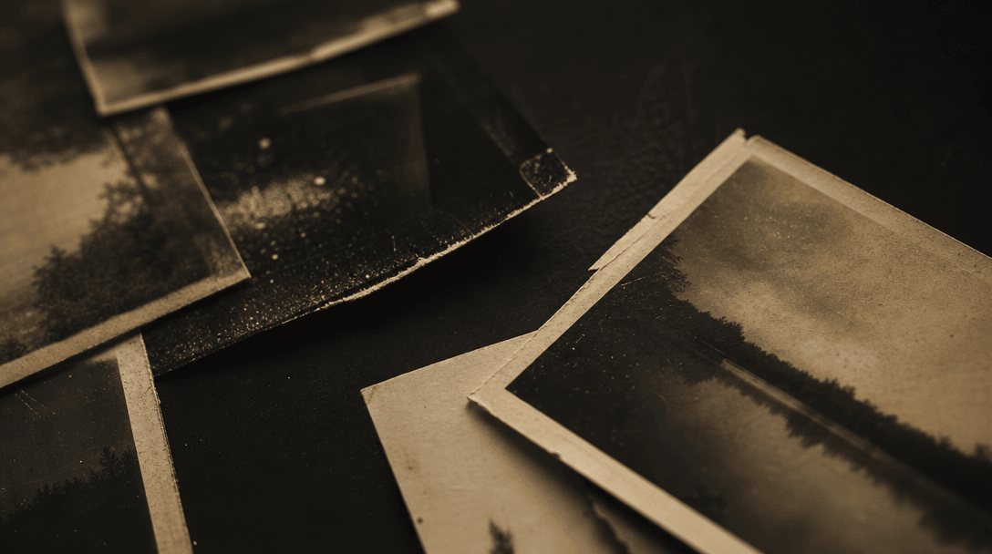 Macro still life of vintage photographic paper, fine film grain, dust, soft scratches, and slightly faded emulsion layer