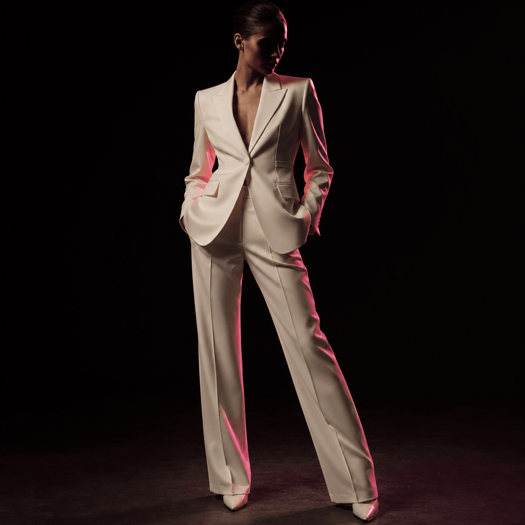 An anonymous fashion model wearing a structured cream blazer and tailored trousers in a minimal near-black photography s