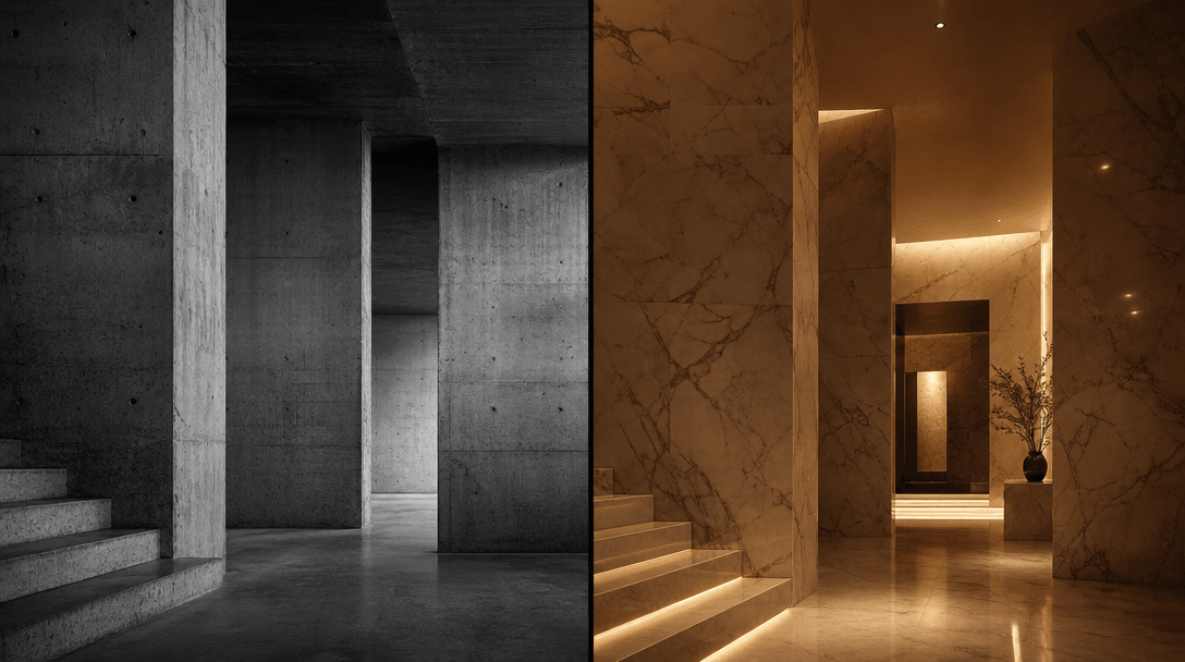 Abstract cinematic diptych representing architectural transformation: one half shows raw unfinished concrete walls in co