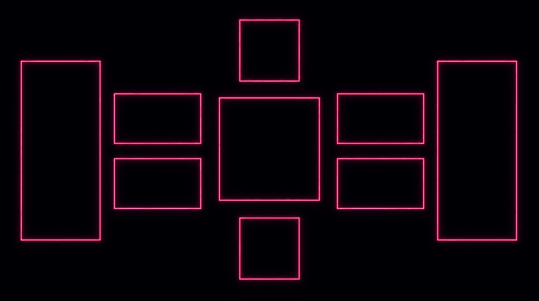 Abstract geometric visualization of multiple frame silhouettes — tall vertical, square, wide horizontal — arranged symme