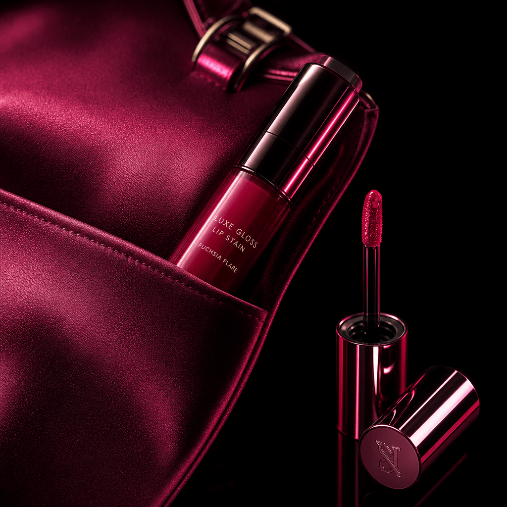 A glossy lip stain nested in the pocket of a satin evening bag, applicator and reflective cap arranged beside it as a re