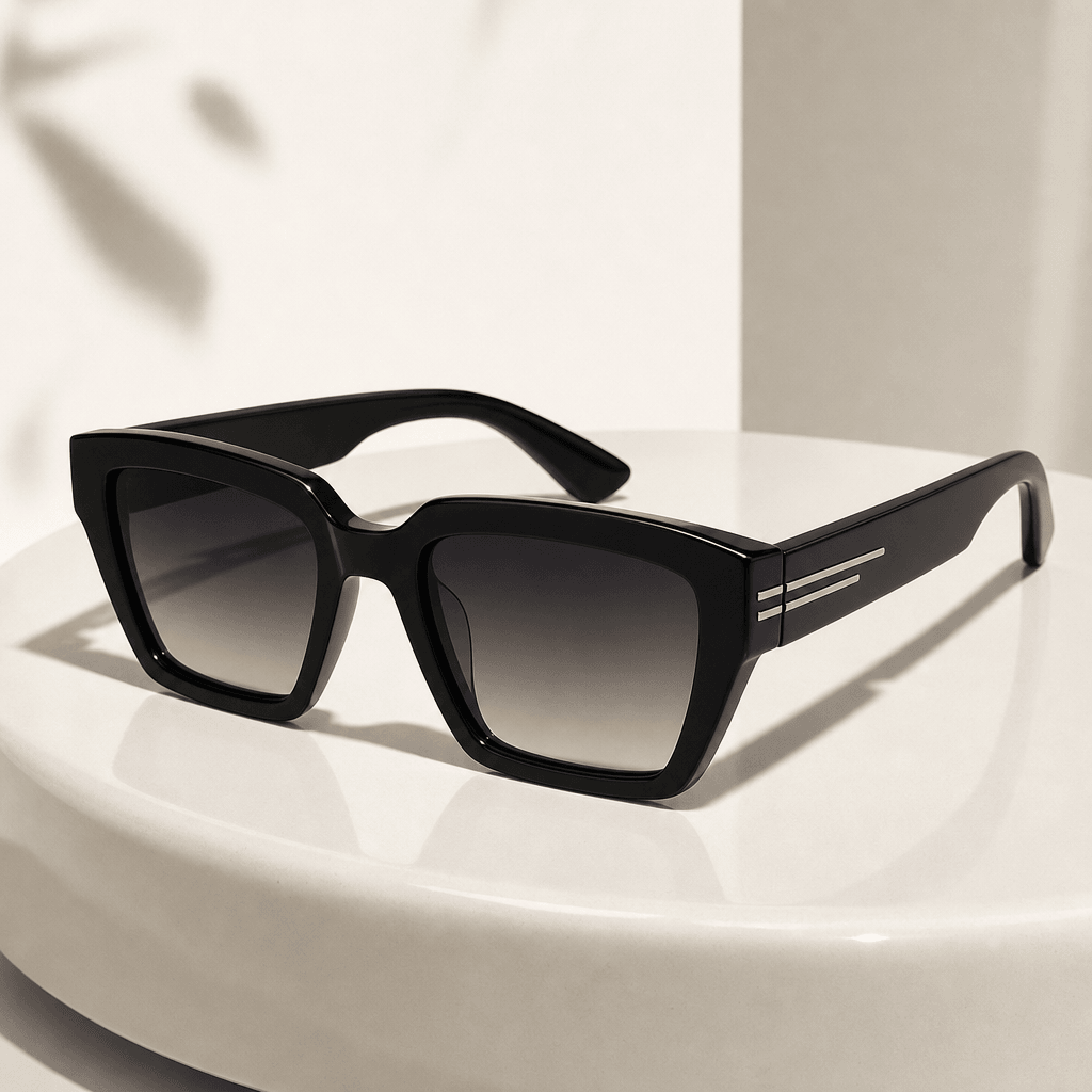Square fashion product shot: a pair of angular black acetate sunglasses resting on a smooth off-white ceramic surface. S