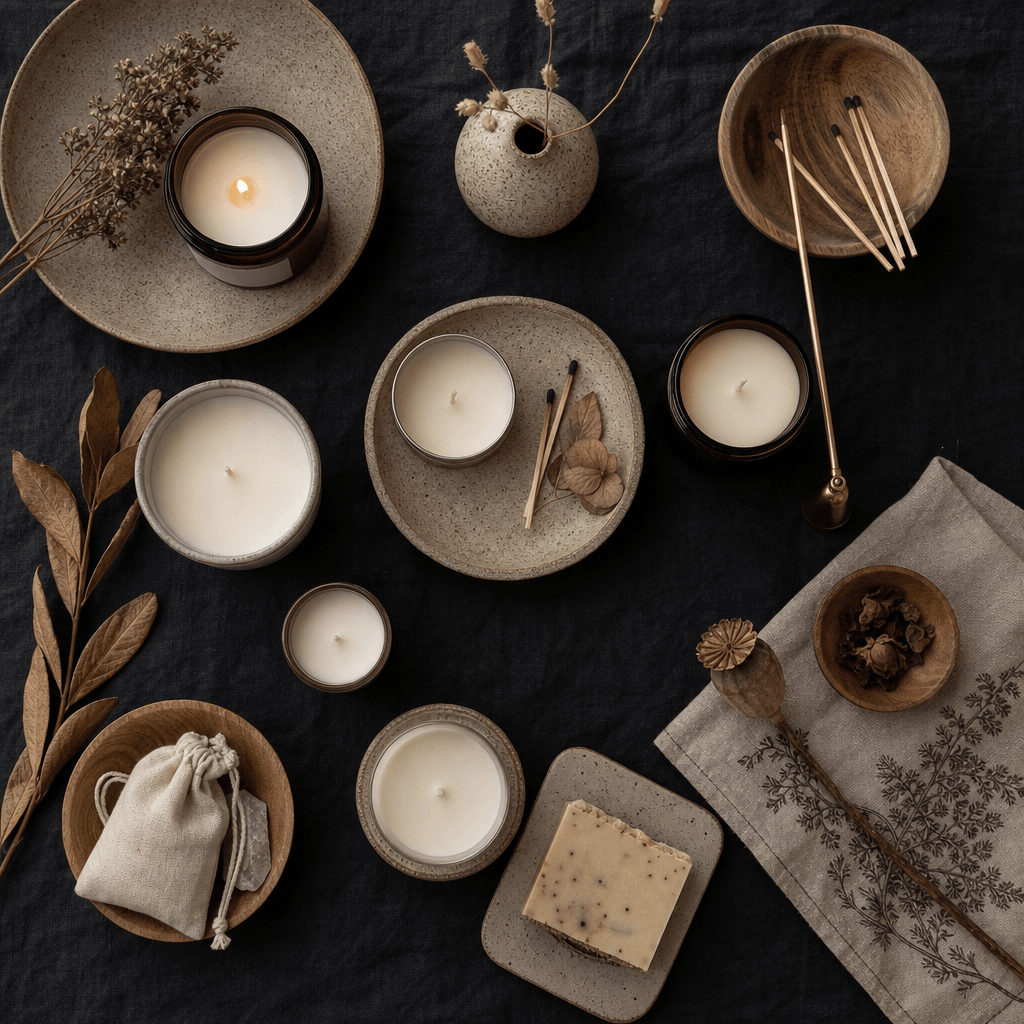 Retail boutique flat-lay overhead: curated selection of artisan candles and small goods arranged on deep charcoal linen,