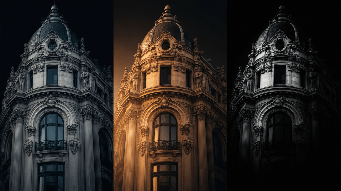 Abstract editorial composition showing three side-by-side narrow strips of the same architectural facade rendered in thr