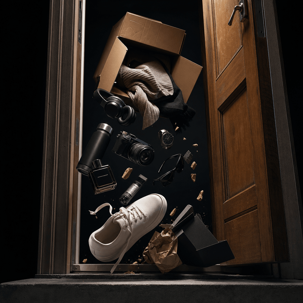 Ecommerce product items frozen mid-fall from a doorway, gravity motion effect visible, dramatic lighting, dark backgroun