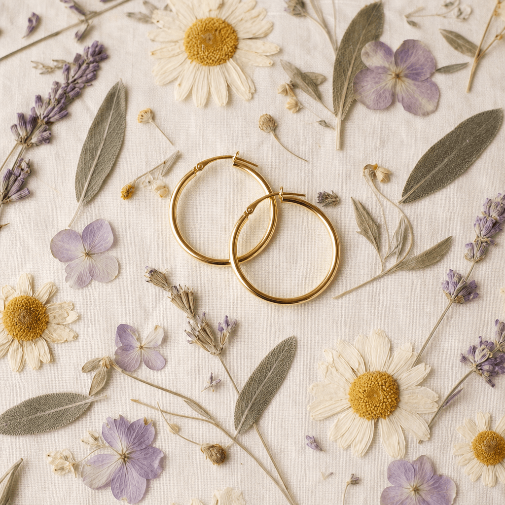 A pair of fine gold hoop earrings resting on a bed of pressed dried flowers — pale lavender, chamomile, and sage arrange