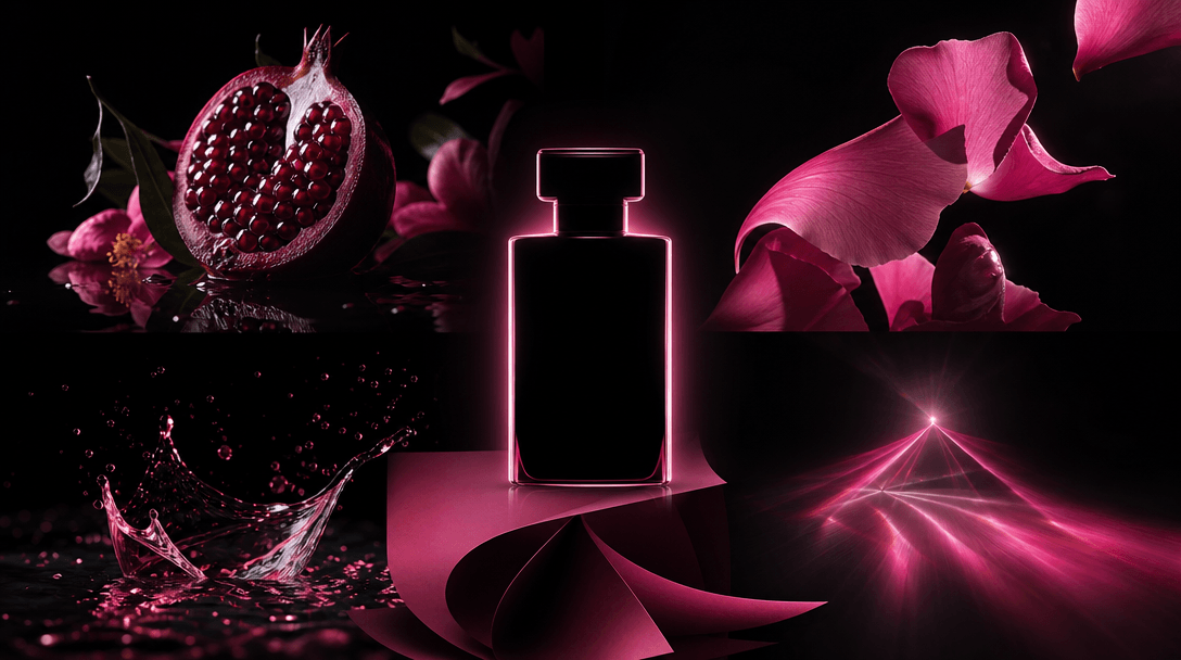 One luminous product silhouette branching into several coordinated visual worlds made from fruit, petals, liquid, paper,