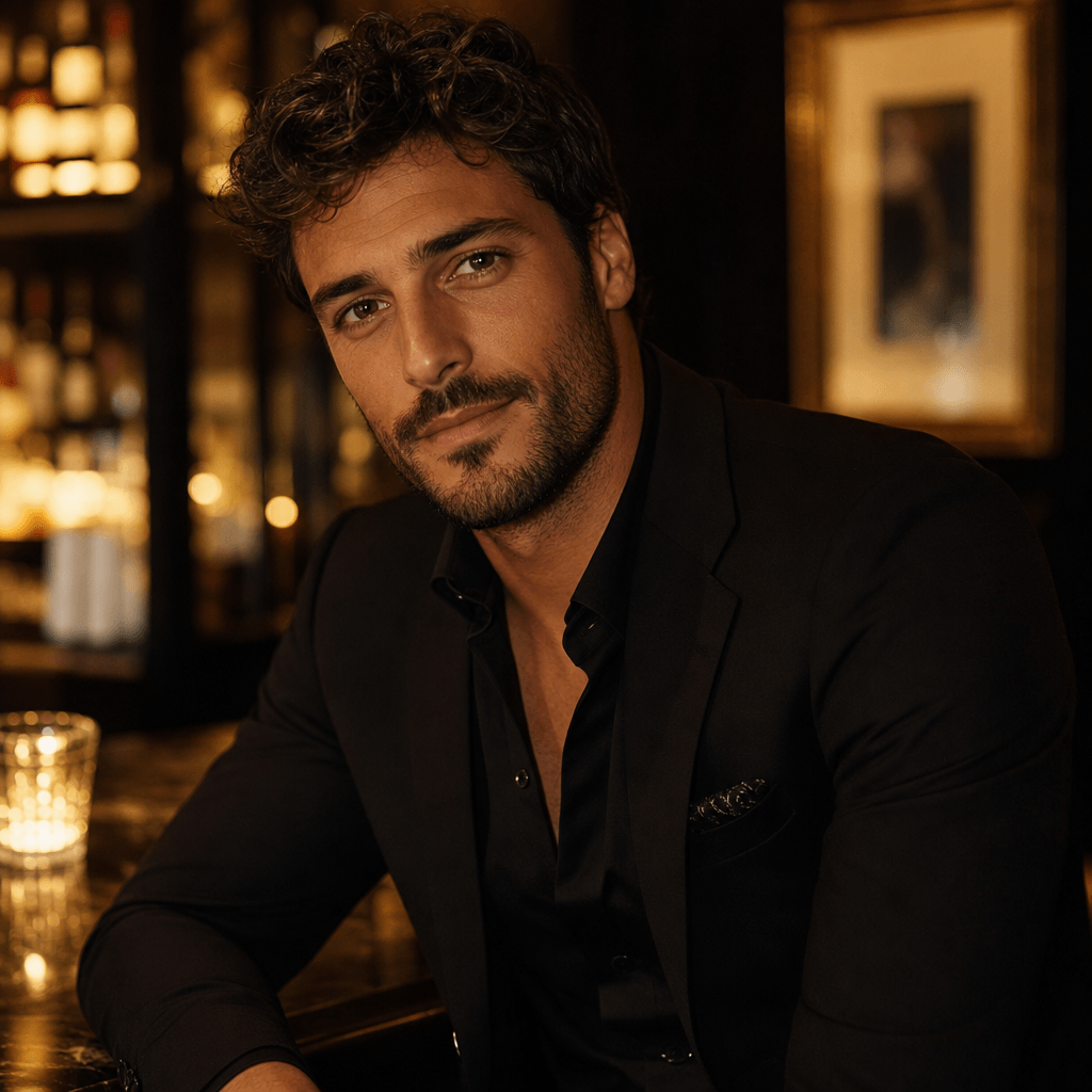A chic portrait of a man dressed for a night out, showcasing sophistication and style. The lighting should create a warm