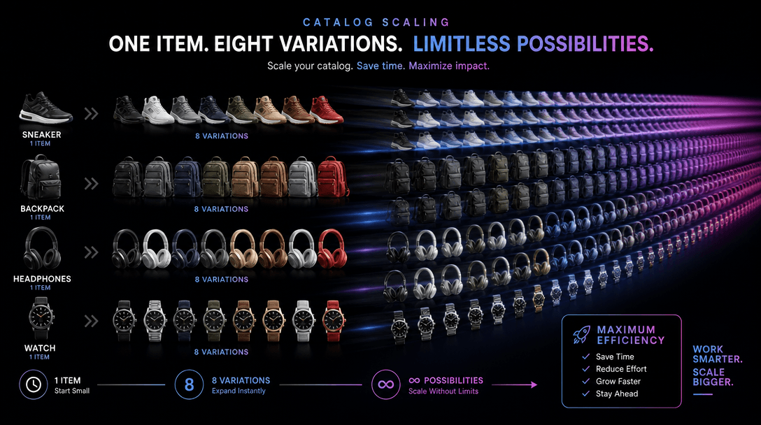 Catalog scaling visualization: rows of products multiplying and expanding across screen, motion blur trails showing rapi