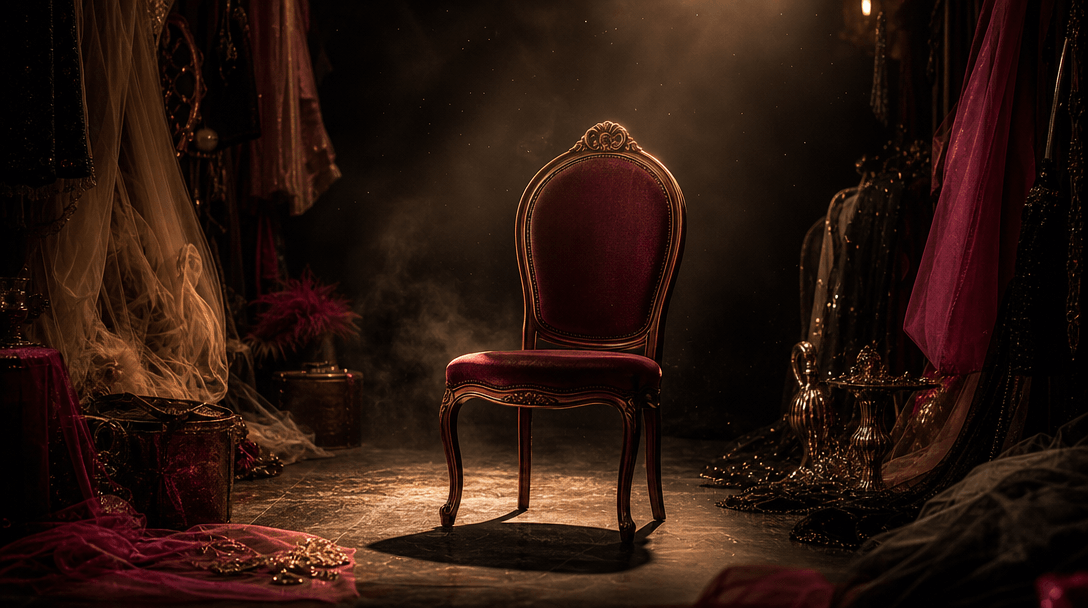 A single empty portrait chair under a focused cinematic spotlight, surrounded by layered costume fabrics, metallic acces