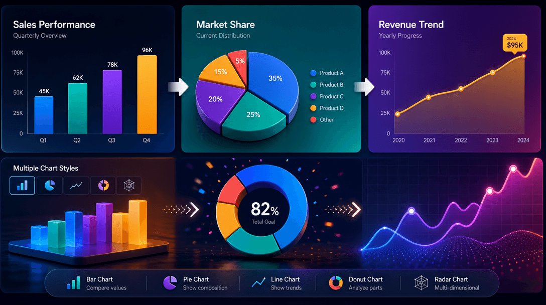 Variety of animated chart types displayed, bar charts pie charts line graphs, transitioning between styles, vibrant edit