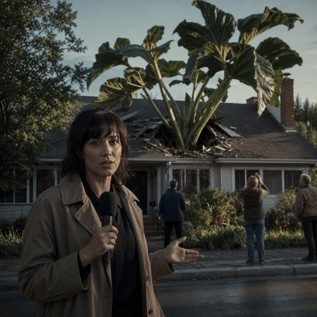 An original fictional reporter covering a surreal event where a colossal houseplant grows through the roof of a quiet su
