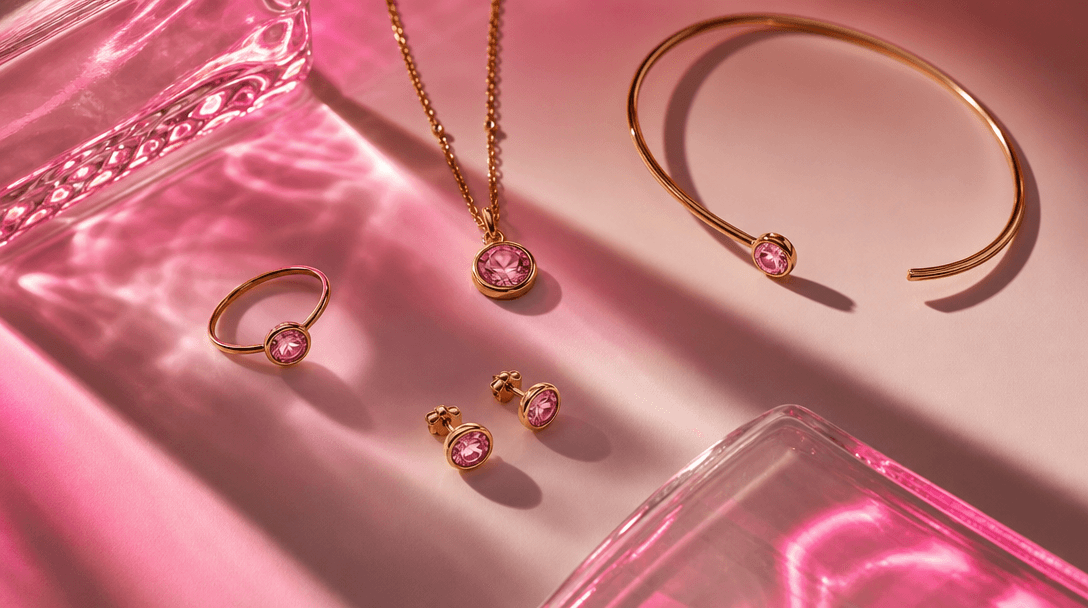 Jewelry flat-lay composition with hot pink accent light, minimalist elegant design, luxury brand photography.