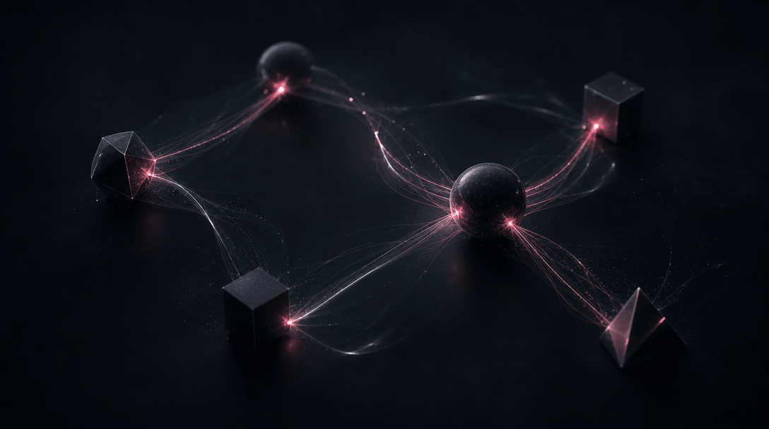 Abstract dark studio scene with softly glowing geometric light traces on deep charcoal, faint hot pink accent highlights