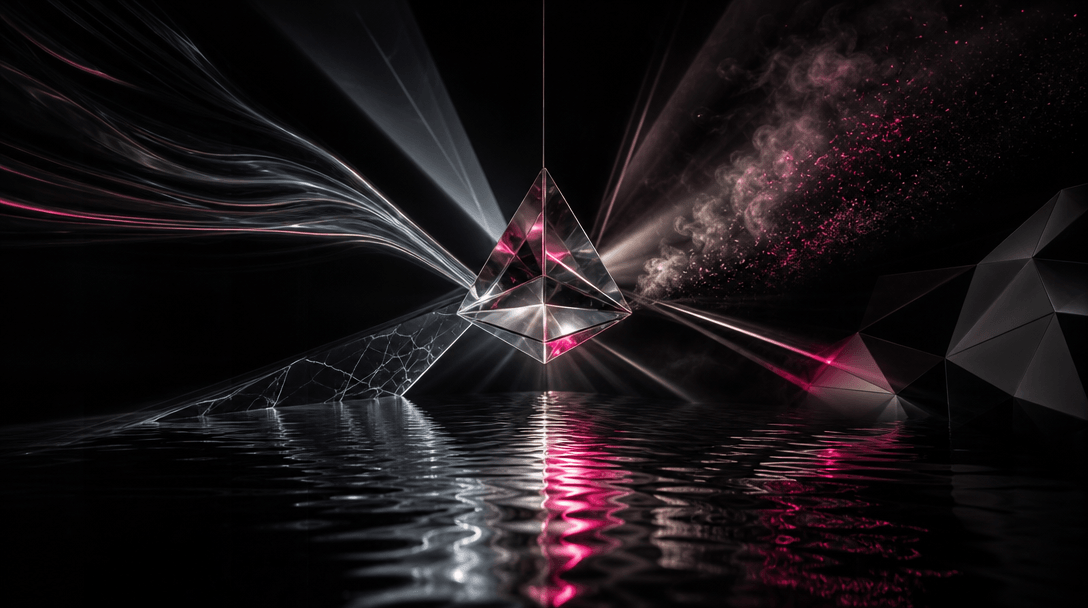 Abstract streams of light and motion converging around a suspended glass prism above dark water, each reflection suggest