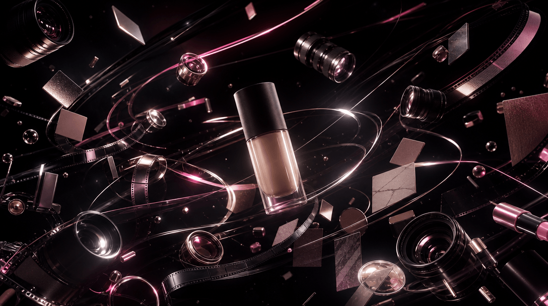A cinematic constellation of camera lenses, film strips, polished cosmetic objects, and luminous material swatches orbit