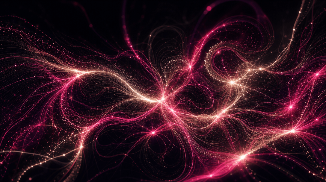 Abstract visualization of layered generative light flows on a near-black background #0A0A0F — luminous filaments in warm