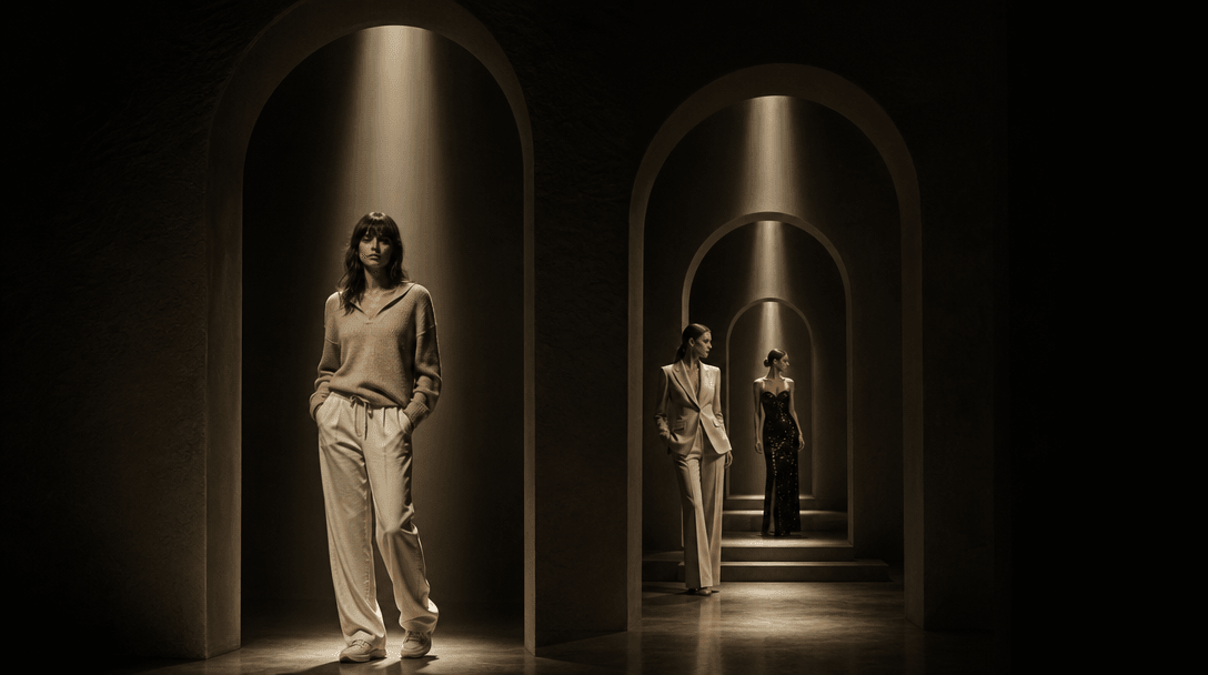 Three distinct fashion silhouettes aligned through layered arches, each revealed by a narrow beam of studio light, deep 