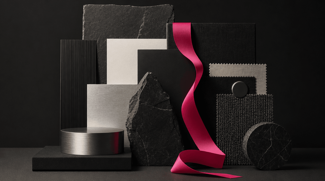 An art director's still-life arrangement of premium paper, black stone, brushed aluminum, fabric swatches, and one vivid