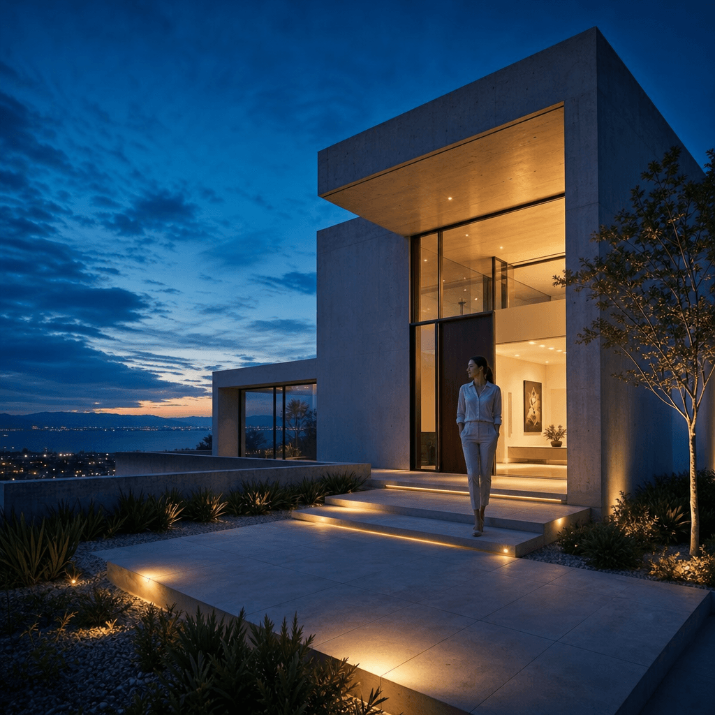 Exterior of a modernist villa at blue hour, a model in elegant casual wear standing near an illuminated entrance against